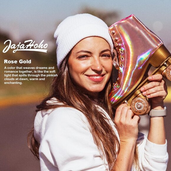 Women Rose Gold Holographic High Top Pu Leather Four Wheels Roller Skates - Picture 6 of 7